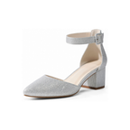 Damen Pumps Silber Glitzer Spitz mit Blockabsatz und Knöchelriemen