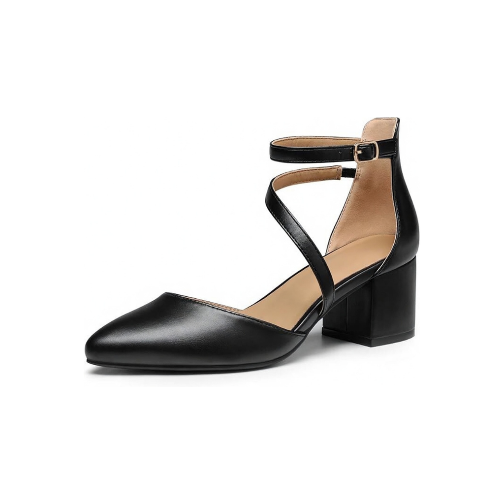 Damen Spitz-Pumps Schwarz mit Blockabsatz und Knöchelriemen
