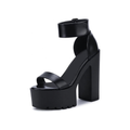 Damen Plateau Sandaletten Schwarz mit Knöchelriemen und Chunky Blockabsatz