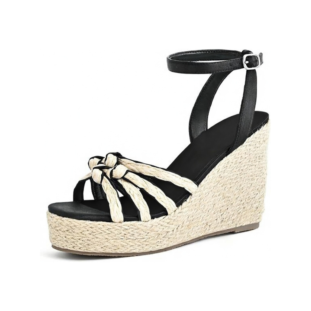 Schwarze Keilsandalen für Damen mit Seilplateau und geknotetem Riemen