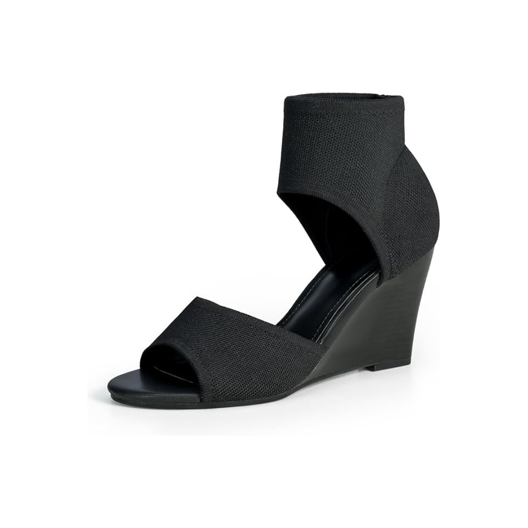 Schwarze Keilsandalen für Damen – elastischer Knöchelriemen und offenes Band