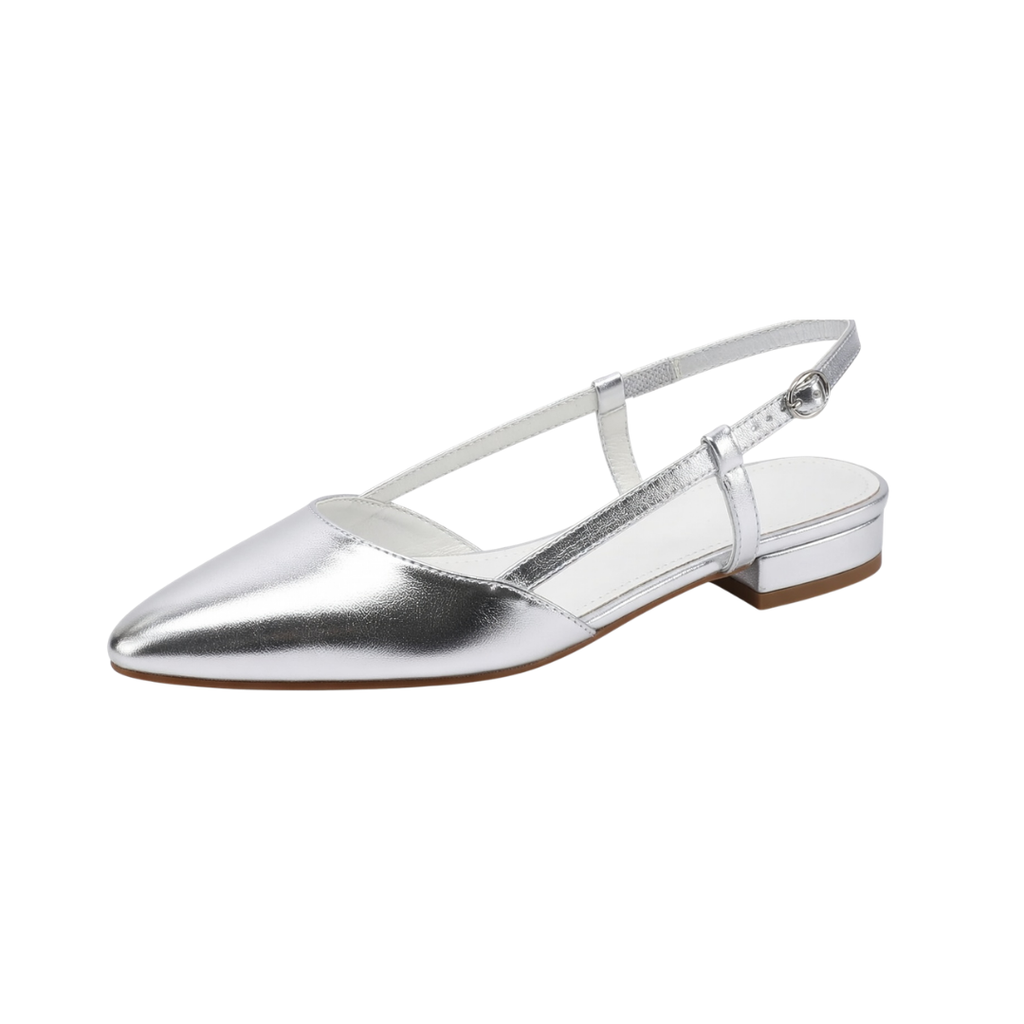 Damen Slingback Ballerinas Silber Metallic Spitz mit Blockabsatz und verstellbarem Riemen