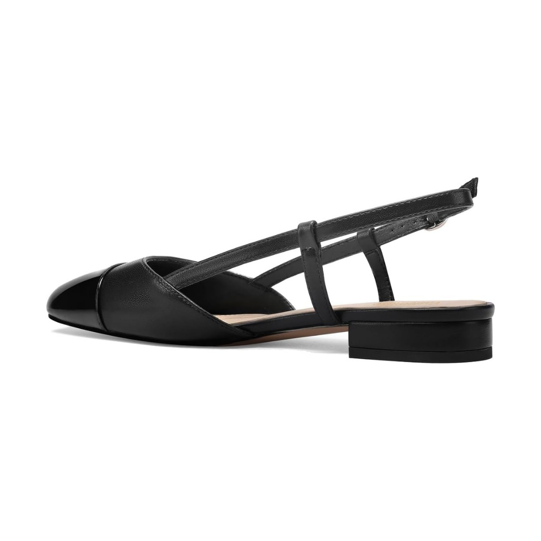 Damen Slingback Ballerinas Schwarz Spitz mit Blockabsatz und verstellbarem Riemen