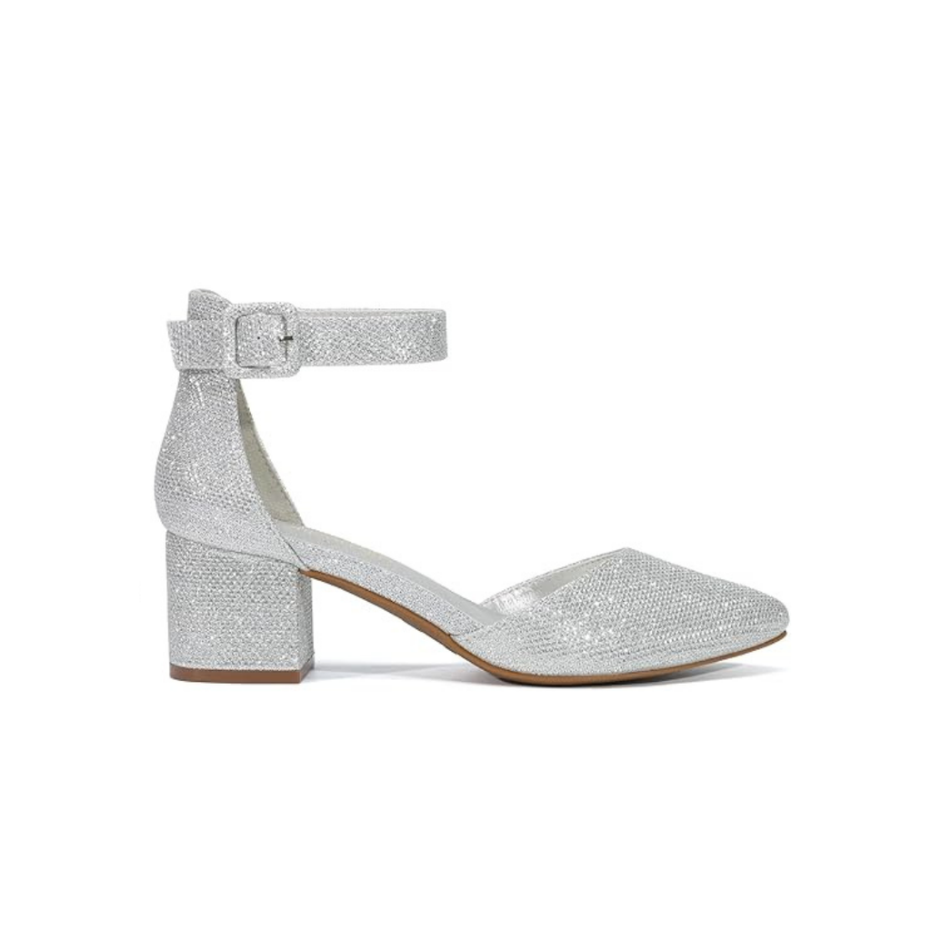 Damen Pumps Silber Glitzer Spitz mit Blockabsatz und Knöchelriemen