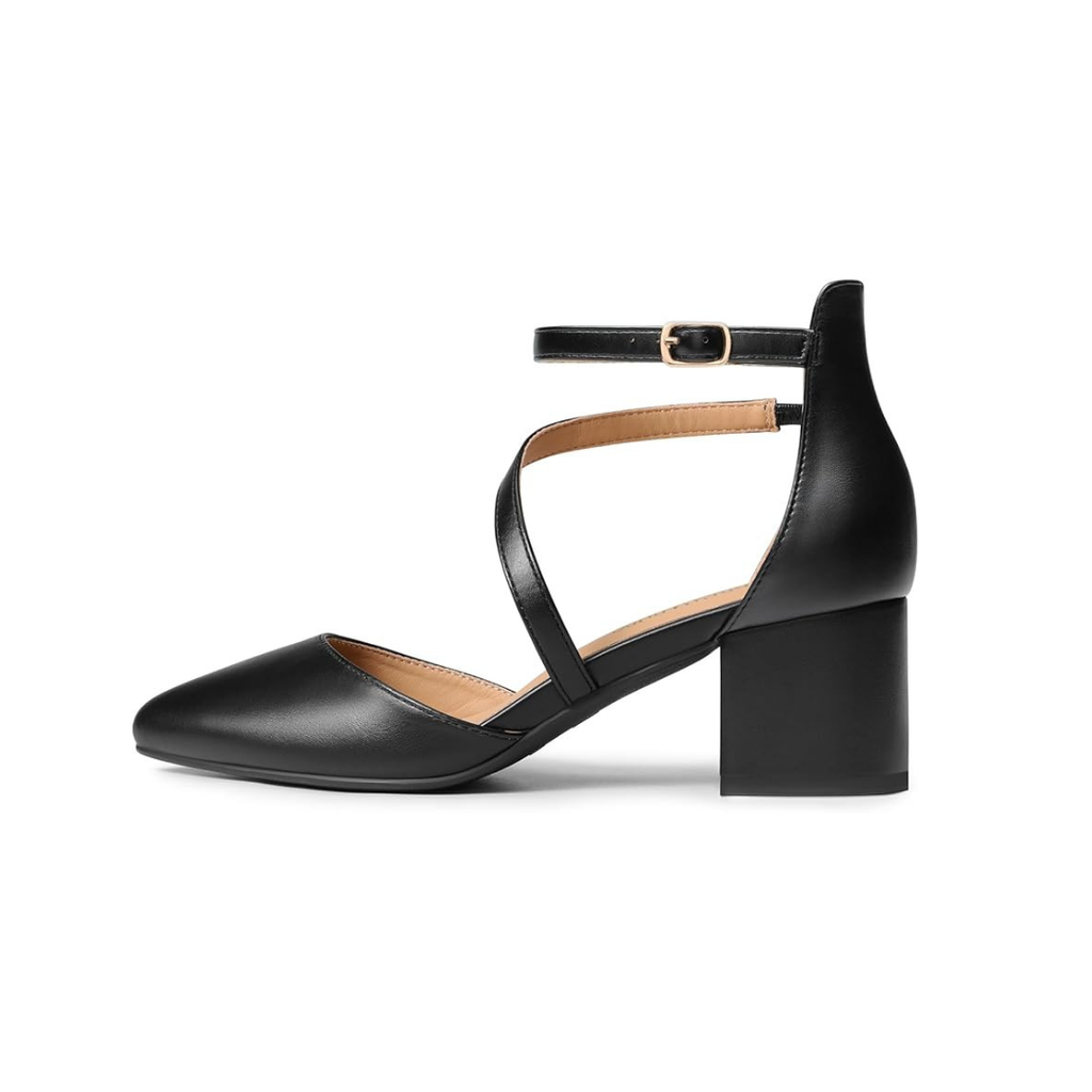Damen Spitz-Pumps Schwarz mit Blockabsatz und Knöchelriemen