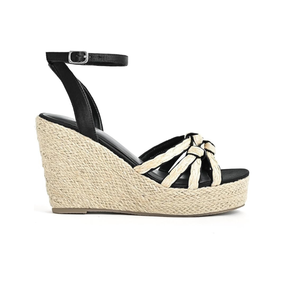 Schwarze Keilsandalen für Damen mit Seilplateau und geknotetem Riemen
