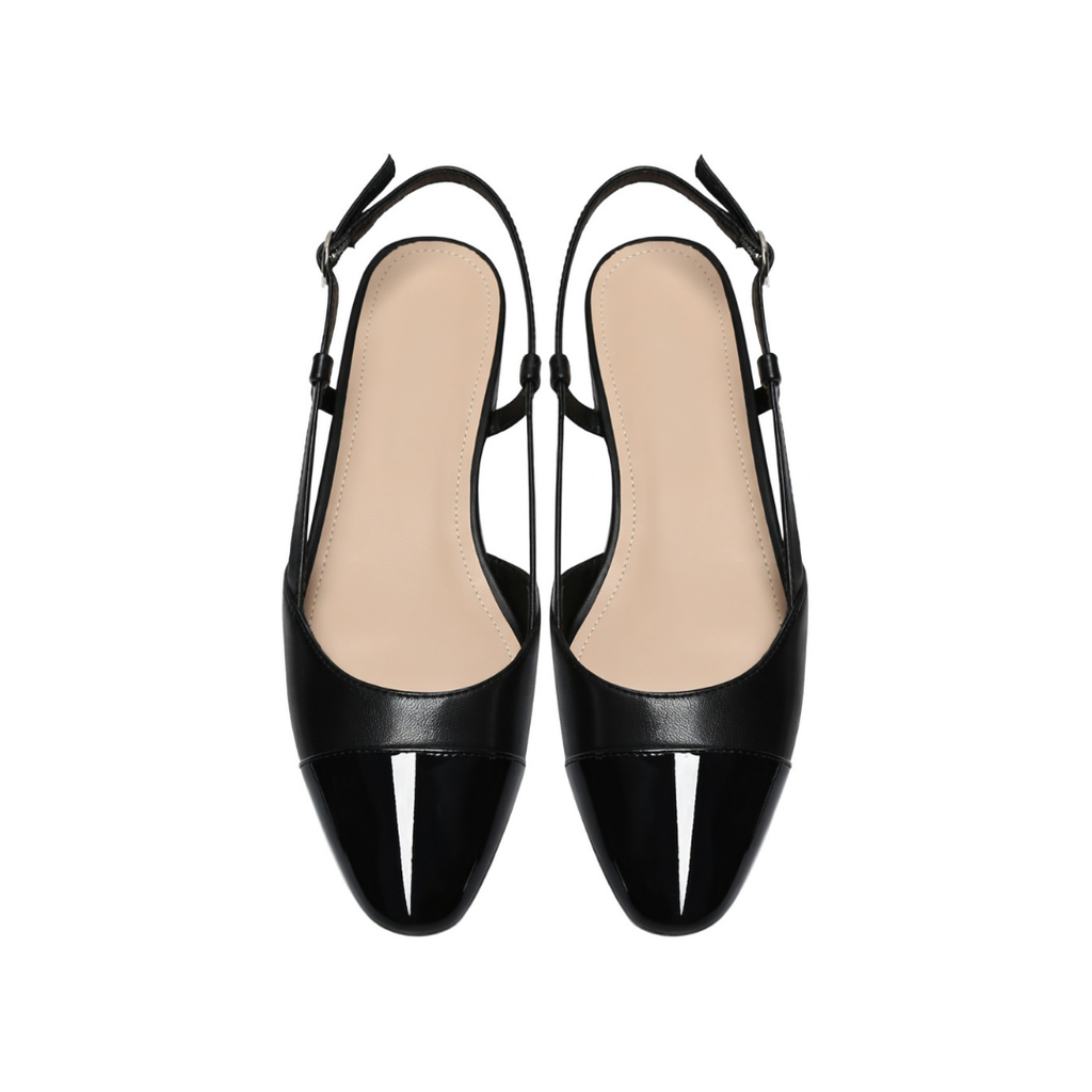 Damen Slingback Ballerinas Schwarz Spitz mit Blockabsatz und verstellbarem Riemen