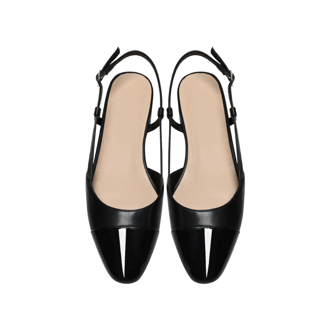 Damen Slingback Ballerinas Schwarz Spitz mit Blockabsatz und verstellbarem Riemen