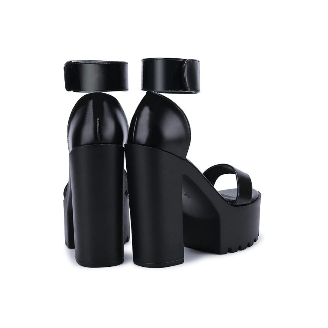 Damen Plateau Sandaletten Schwarz mit Knöchelriemen und Chunky Blockabsatz
