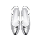 Damen Slingback Ballerinas Silber Metallic Spitz mit Blockabsatz und verstellbarem Riemen