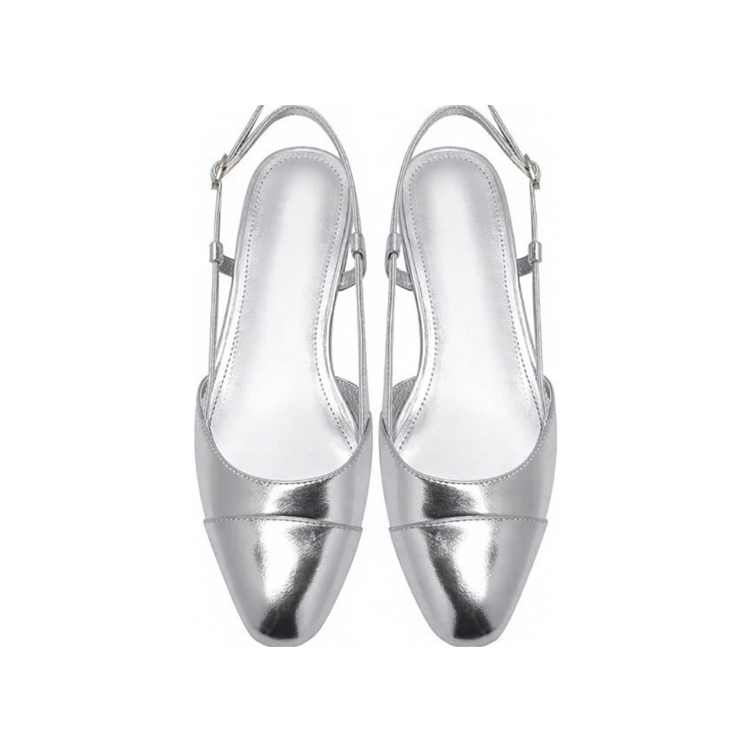 Damen Slingback Ballerinas Silber Metallic Spitz mit Blockabsatz und verstellbarem Riemen
