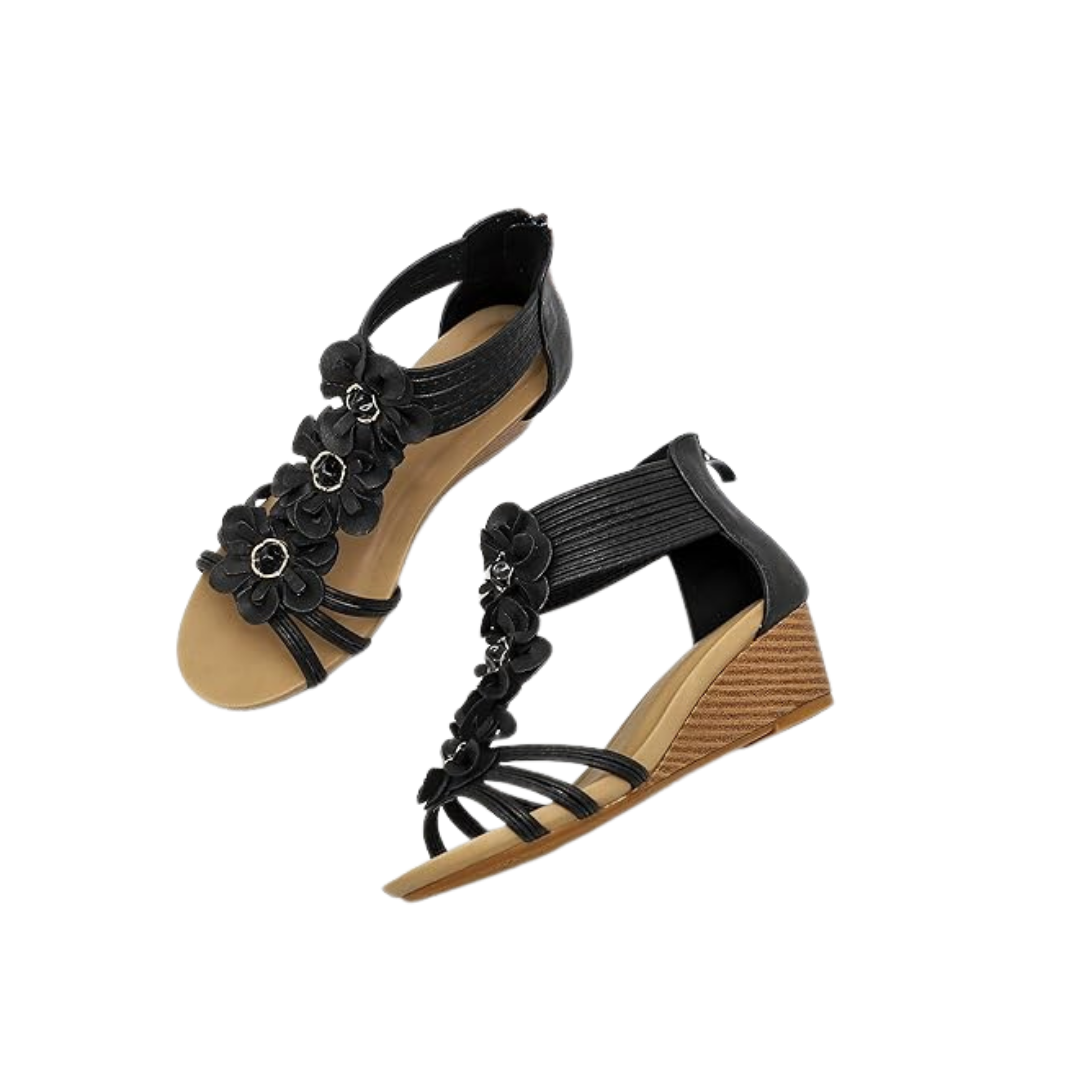 Schwarze Keilsandalen für Damen mit applizierten Blumen und elastischem Band
