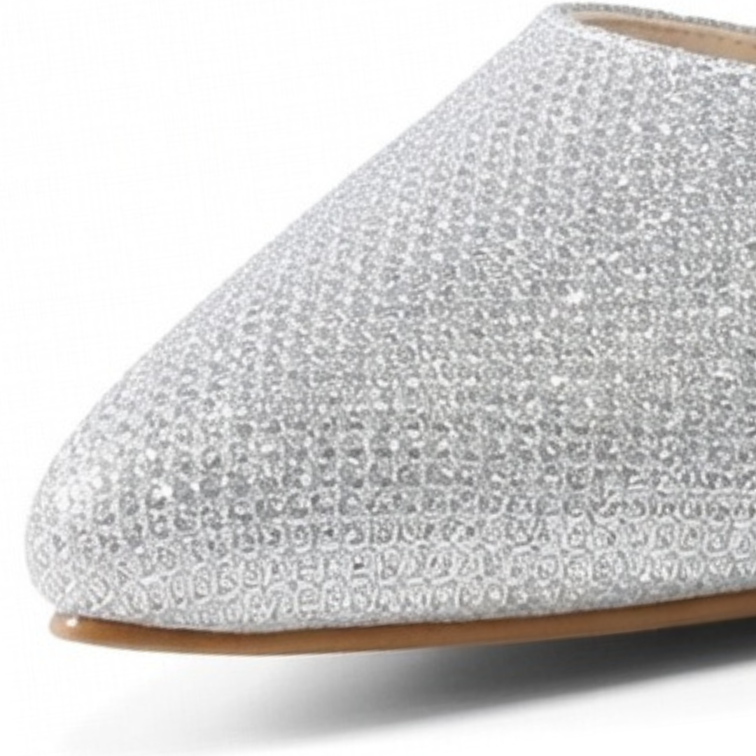 Damen Pumps Silber Glitzer Spitz mit Blockabsatz und Knöchelriemen