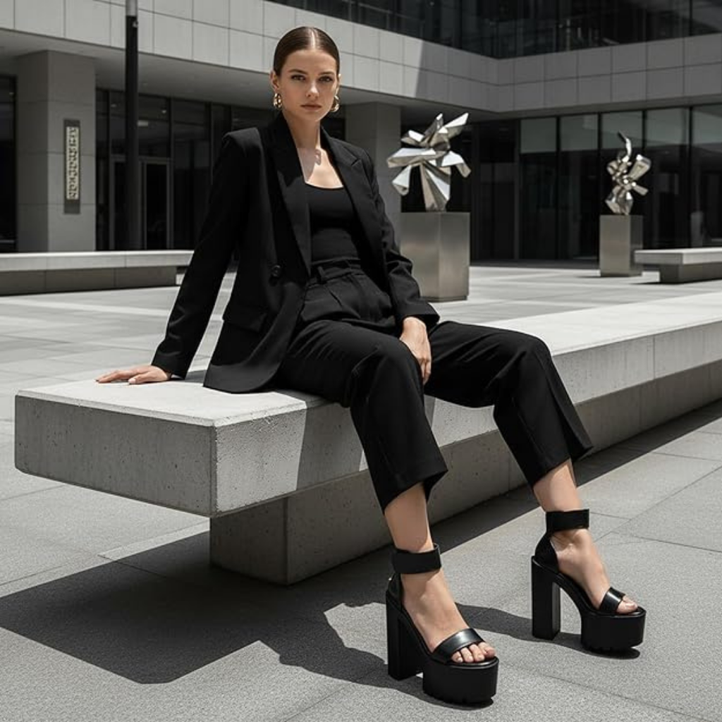 Damen Plateau Sandaletten Schwarz mit Knöchelriemen und Chunky Blockabsatz