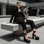 Damen Plateau Sandaletten Schwarz mit Knöchelriemen und Chunky Blockabsatz