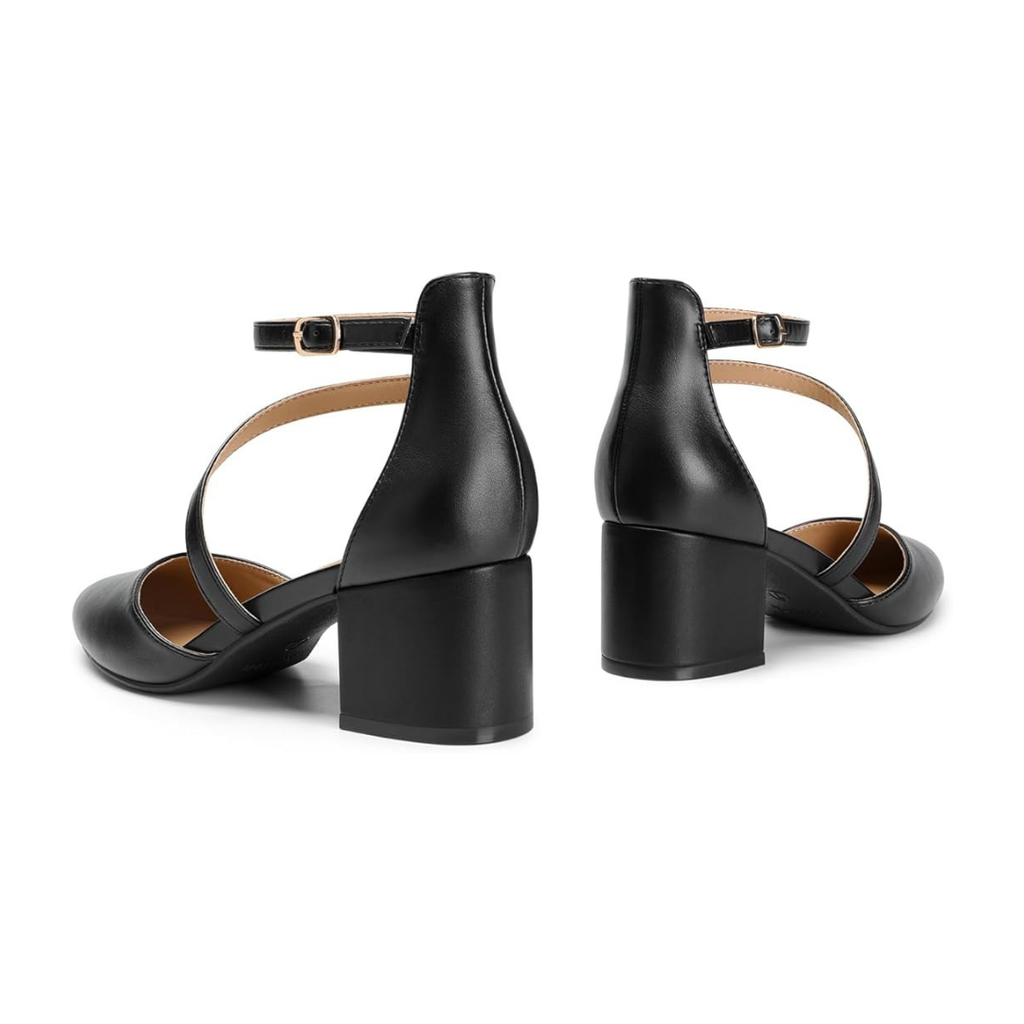 Damen Spitz-Pumps Schwarz mit Blockabsatz und Knöchelriemen
