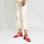Damen Sandaletten Rot Velours mit Riemchen und Blockabsatz