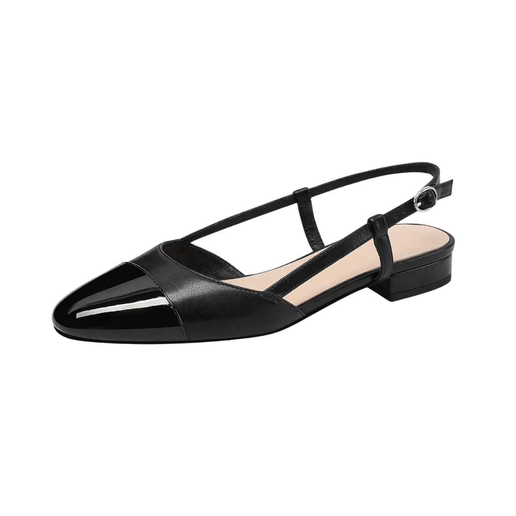 Damen Slingback Ballerinas Schwarz Spitz mit Blockabsatz und verstellbarem Riemen